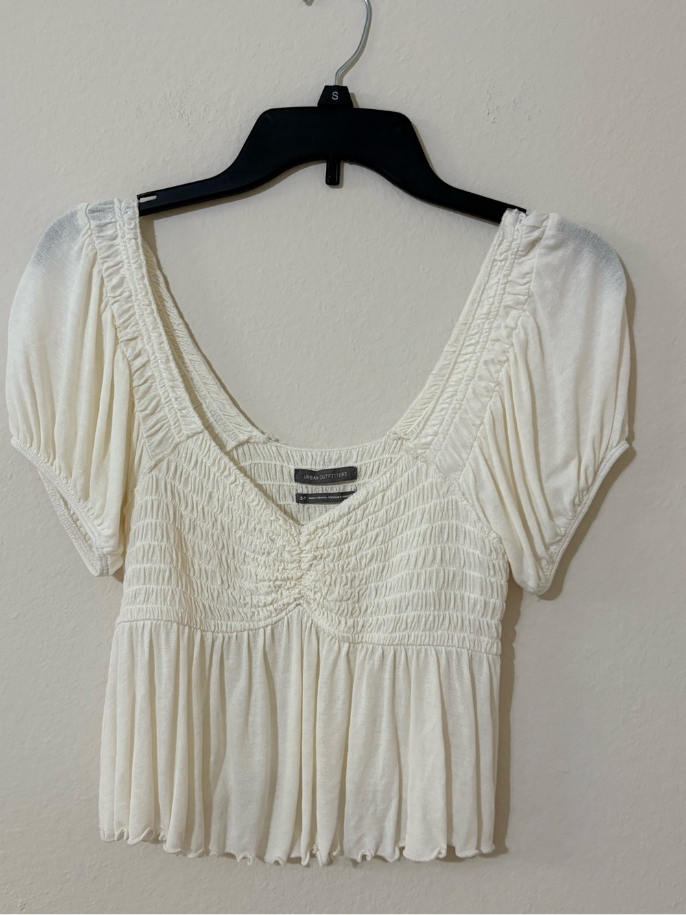 Urban Outfitters White Smocked Babydoll Puff Sleeve Peasant Crop Top S/P